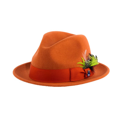 Mens Narrow Brim Crushable Wool Dress Hat Trilby Fedora in Orange Rust