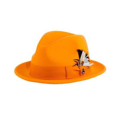 Mens Narrow Brim Crushable Wool Dress Hat Trilby Fedora in Orange Tangerine 