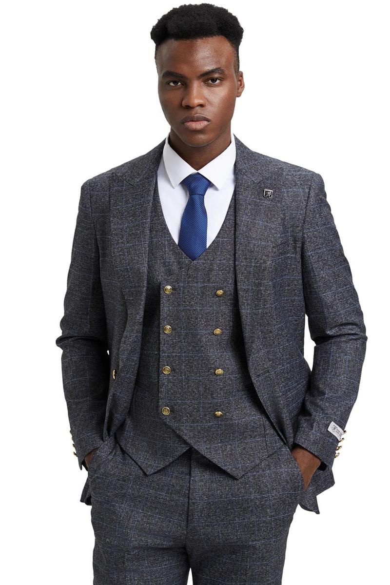 Men's Stacy Adams Peak Lapel Suit with Double Breasted Vest in Charcoal Grey Windowpane Plaid
