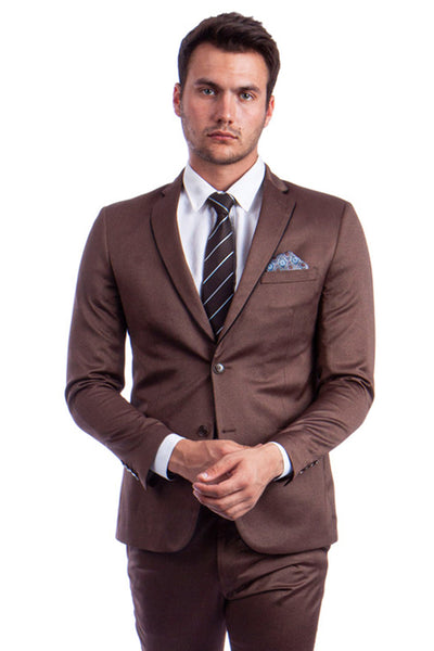 Men's Slim Fit Two Button Shiny Sharkskin Suit in Light Brown Cognac with Black Lapel Trim