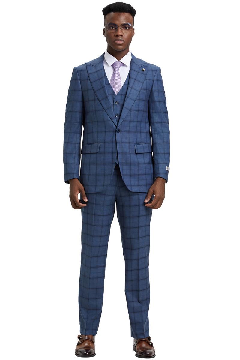 Men's Stacy Adams One Button Vested Suit in Midnight Blue Windowpane Plaid