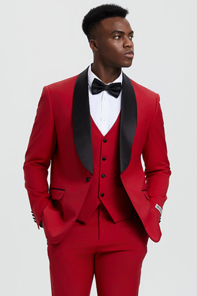 Men's Stacy Adams Vested One Button Shawl Lapel Designer Tuxedo in Red