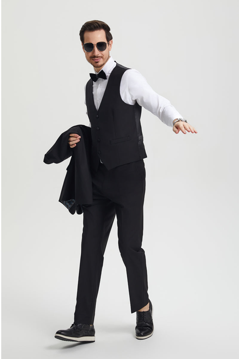 Men's Stacy Adams Vested One Button Shawl Lapel Designer Tuxedo in Black