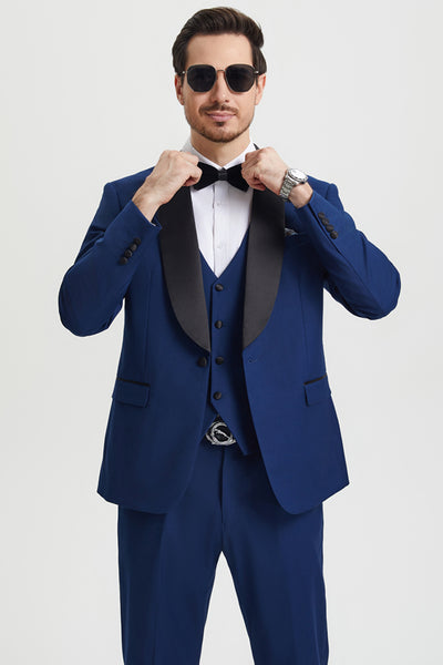 Men's Stacy Adams Vested One Button Shawl Lapel Designer Tuxedo in Indigo Blue