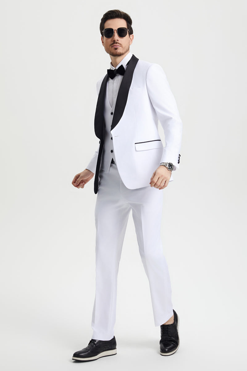 Men's Stacy Adams Vested One Button Shawl Lapel Designer Tuxedo in White