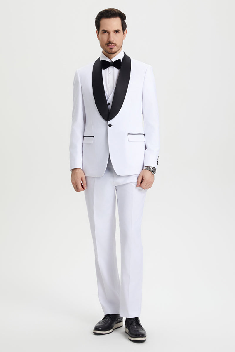 Men's Stacy Adams Vested One Button Shawl Lapel Designer Tuxedo in White