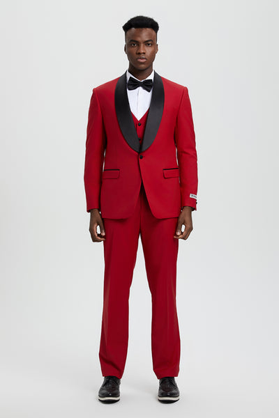 Men's Stacy Adams Vested One Button Shawl Lapel Designer Tuxedo in Red
