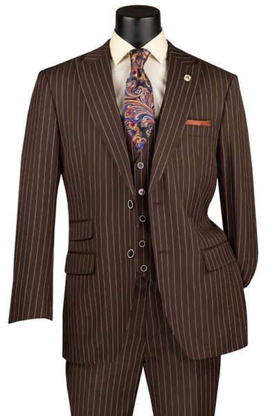 Men's Vested Bold Gangster Pinstripe Suit in Brown