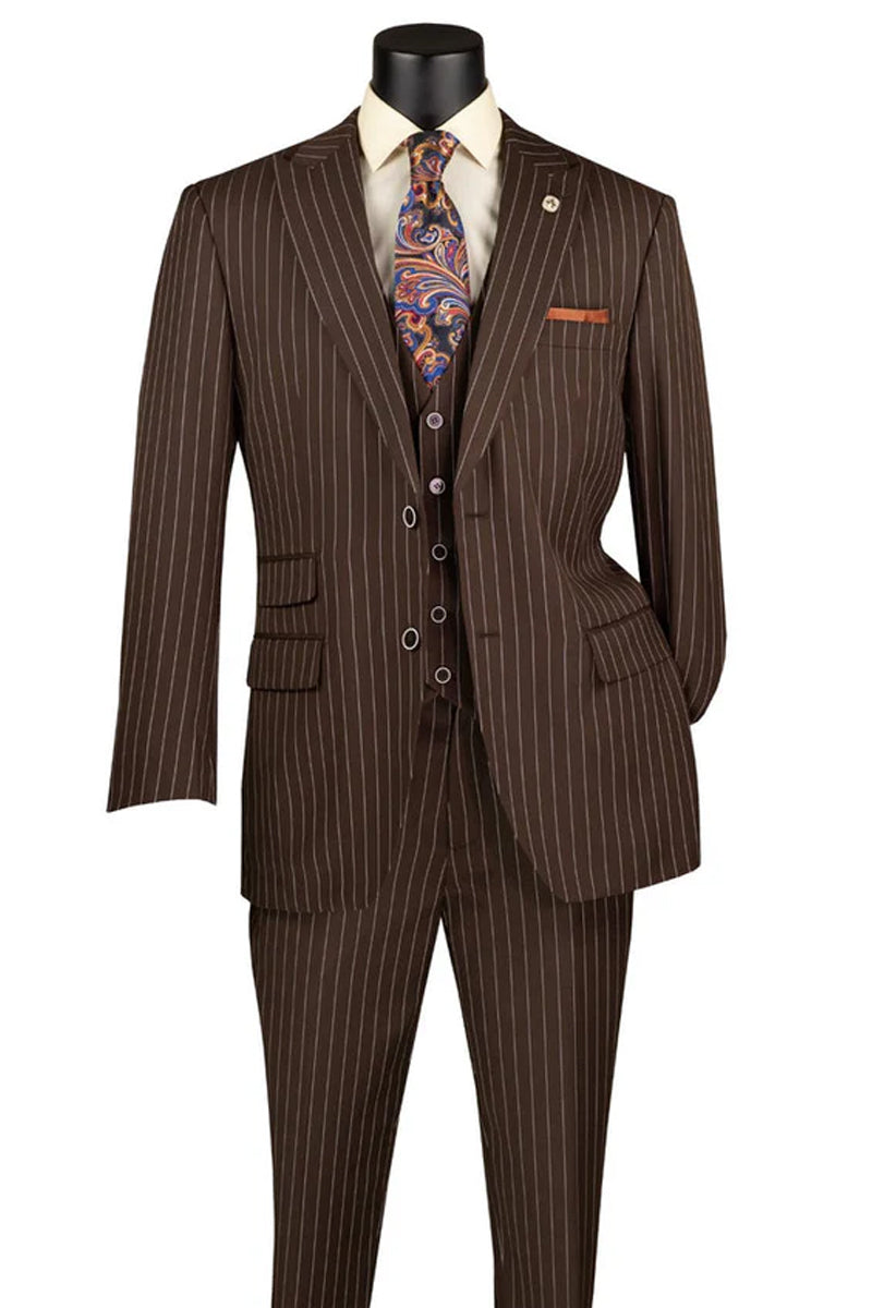 Men's Vested Bold Gangster Pinstripe Suit in Brown