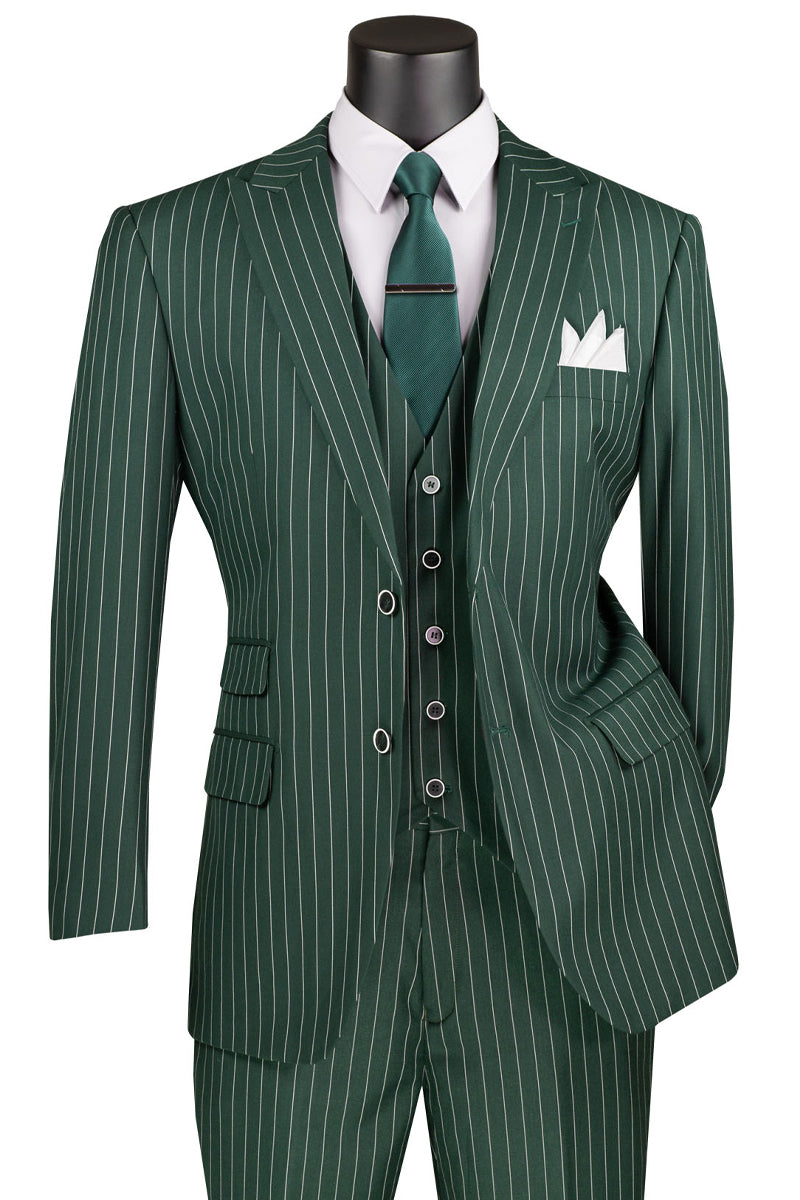 Men’s Vintage Vested Gangster Pinstripe Suit – Bold Olive Green Fashion 3-Piece Set main image 0