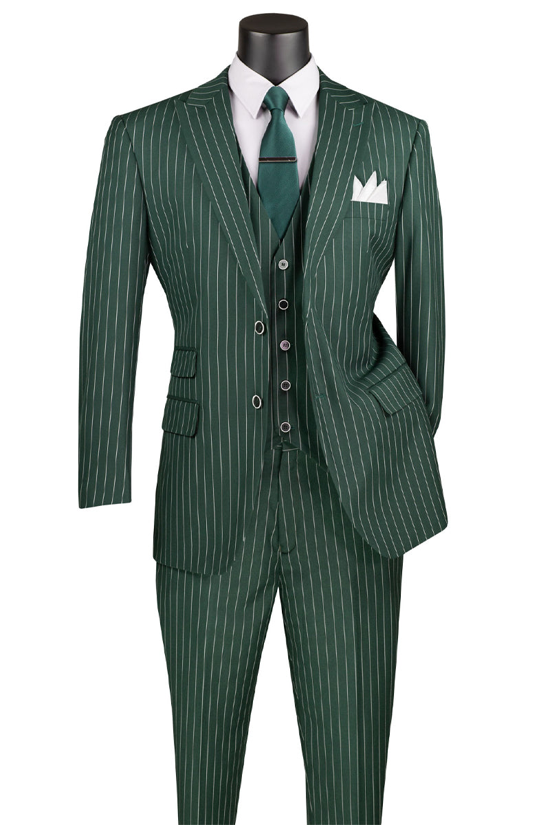 Men's Vested Bold Gangster Pinstripe Suit in Hunter Green