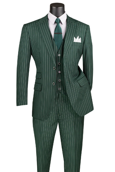 Men's Vested Bold Gangster Pinstripe Suit in Hunter Green