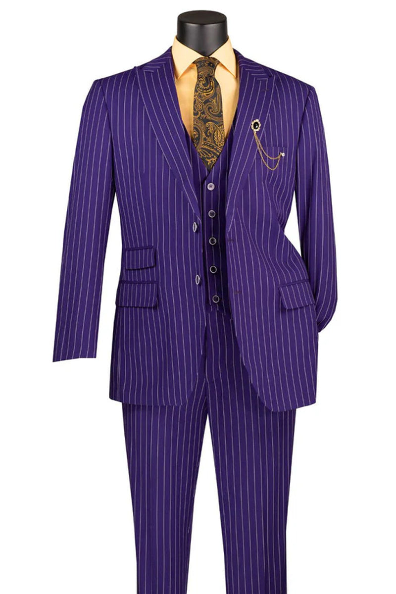 Men's Vested Bold Gangster Pinstripe Suit in Purple