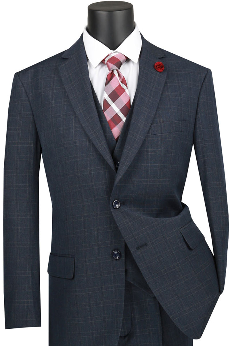 Men's Classic Modern Fit Vested Tonal Windowpane Plaid Suit in Blue