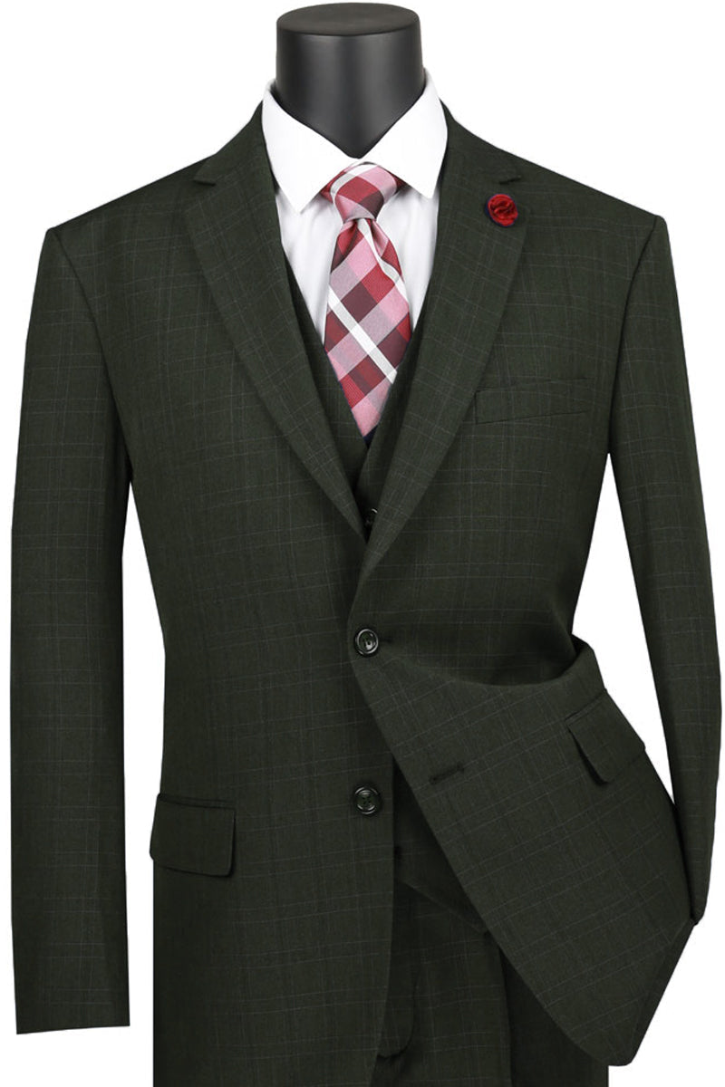 Men's Classic Modern Fit Vested Tonal Windowpane Plaid Suit in Olive Green