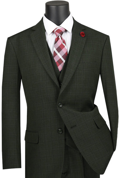 Men's Classic Modern Fit Vested Tonal Windowpane Plaid Suit in Olive Green