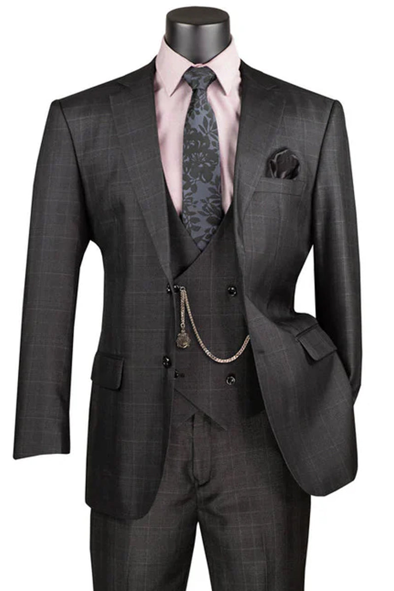 Men's 2 Button Vested Peak Lapel Plaid Windowpane Suit in Black