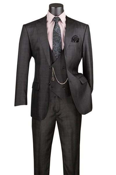 Men's 2 Button Vested Peak Lapel Plaid Windowpane Suit in Black