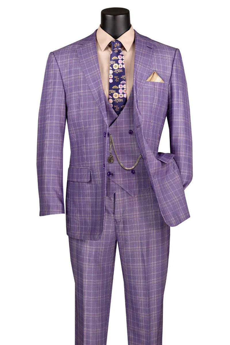 Men's 2 Button Vested Peak Lapel Plaid Windowpane Suit in Light Purple