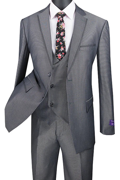 Men's Modern Fit Tuxedo Suit with Double Breasted Vest and Satin Trim in Charcoal Grey