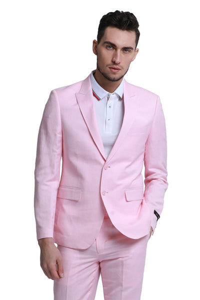 Men's Two Button Peak Lapel Summer Linen Style Beach Wedding Suit in Pink