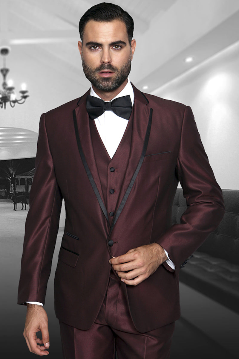 Men's Designer One Button Shiny Sharkskin Tuxedo with Satin Trim in Burgundy