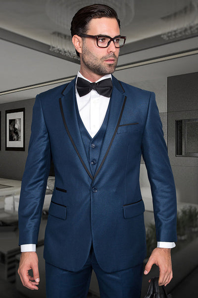 Men's Designer One Button Shiny Sharkskin Tuxedo with Satin Trim in Indigo Blue