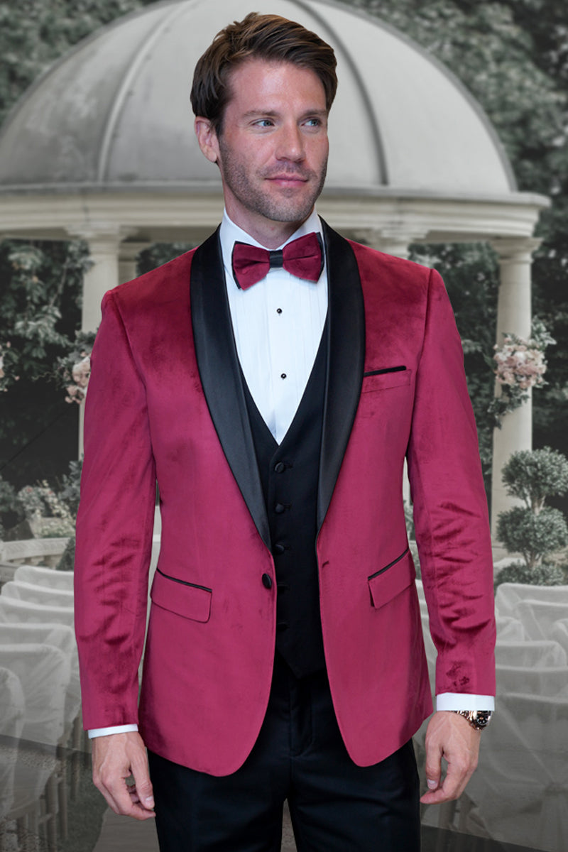 Men's Designer Vested Velvet Wedding & Prom Tuxed in Burgundy