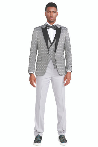 Men's One Button Peak Lapel Tuxedo with Double Breasted Vest in Silver Grey Plaid