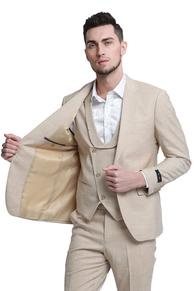 Men's One Button Double Breasted Vest Slim Fit Sharkskin Wedding Suit in Khaki