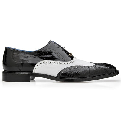 Men's Belvedere Varo American Alligator & Eel Skin Wingtip Dress Shoe in Black & White