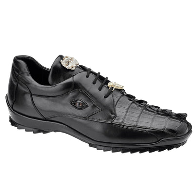 Men's Belvedere Vasco Calf & Crocodile Hornback Tail Sneaker in Black