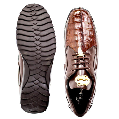 Men's Belvedere Vasco Calf & Crocodile Hornback Tail Sneaker in Tabac Brown