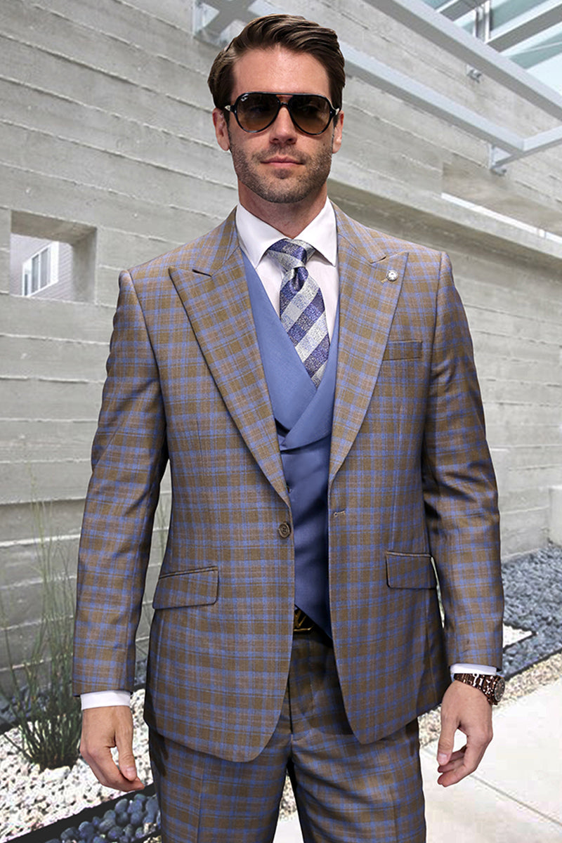 Men's One Button Peak Lapel Wool Vested Suit in Taupe Windowpane Plaid