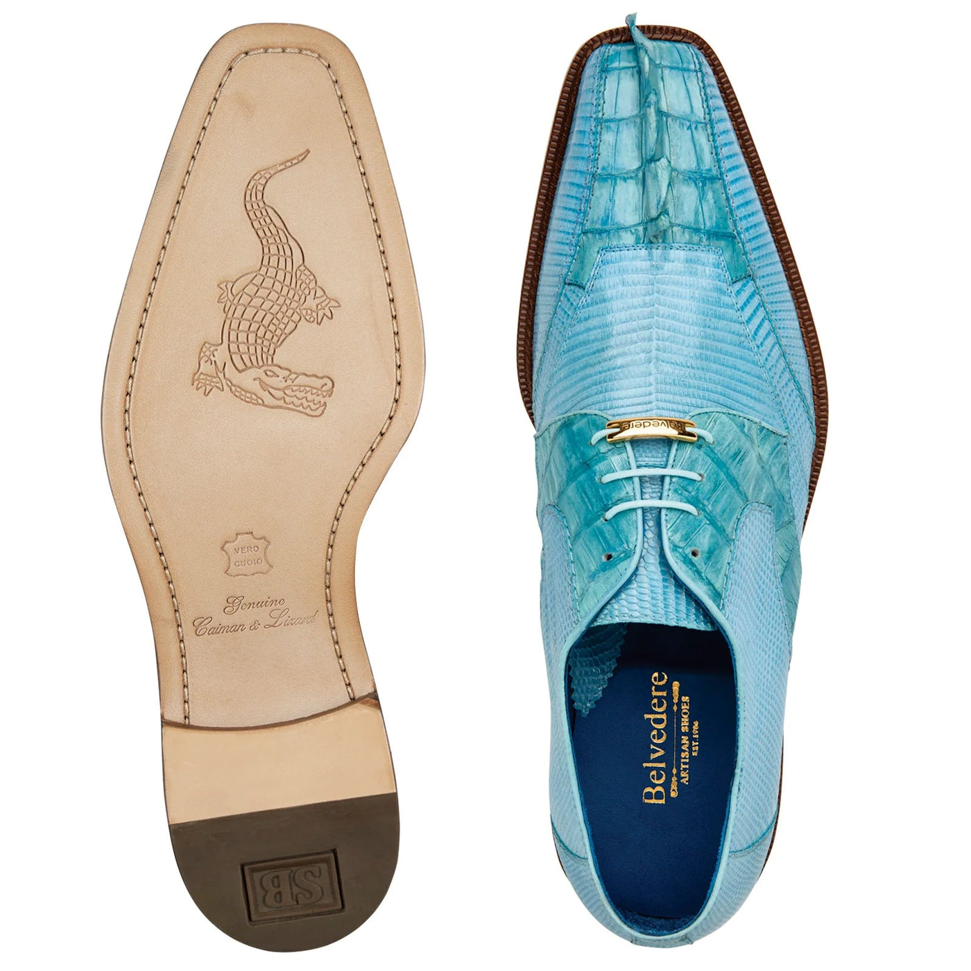 Men's Belvedere Valter Lizard & Crocodile Hornback Tail Dress Shoe in Summer Blue