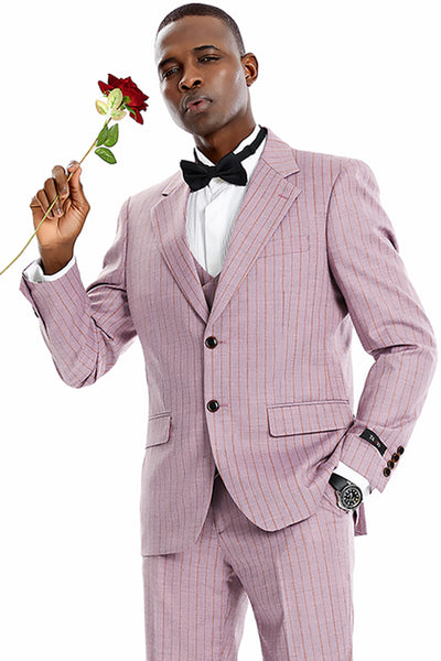 Men's Two Button Vested Wide Notch Lapel Vintage Style Pinstripe Suit in Dusty Rose Pink