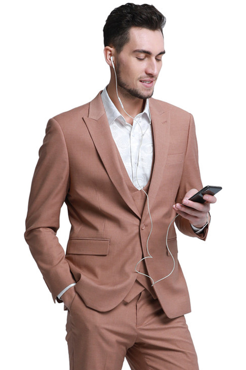 Men's Slim Fit One Button Peak Lapel Low Cut Double Breasted Vest Wedding Suit in Peach