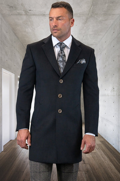 Men's Designer 100% Wool Winter Overcoat in Black