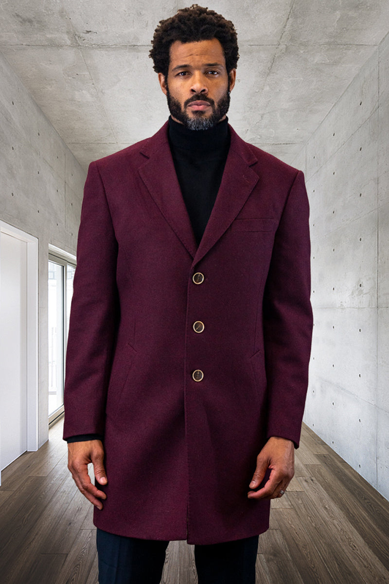 Men's Designer 100% Wool Winter Overcoat in Burgundy