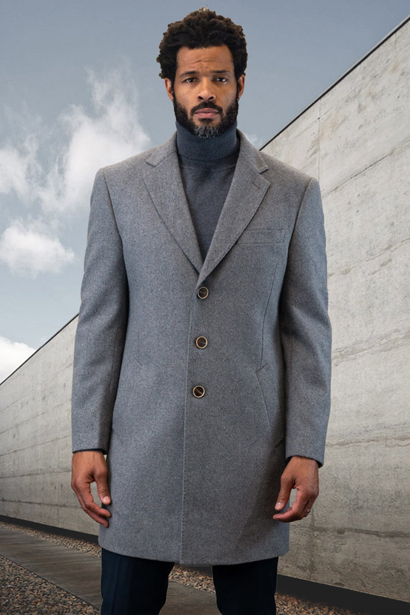 Men's Designer 100% Wool Winter Overcoat in Grey