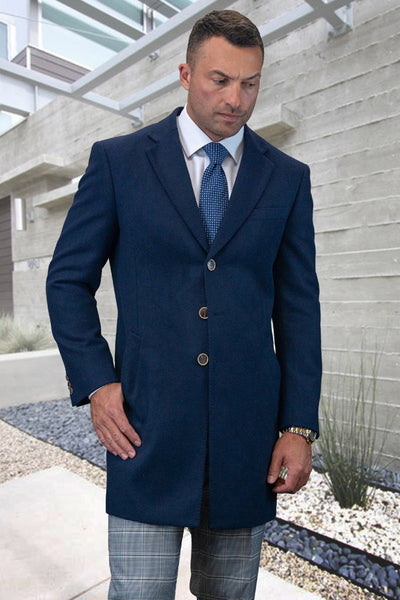 Men's Designer 100% Wool Winter Overcoat in Navy Blue