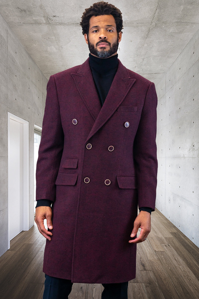 Men's Designer 100% Double Breasted Winter Overcoat in Burgundy