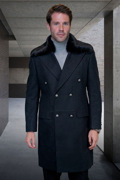 Men's Designer 100% Double Breasted Winter Overcoat with Removable Fur Collar in Black