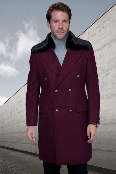 Men's Designer 100% Double Breasted Winter Overcoat with Removable Fur Collar in Burgundy