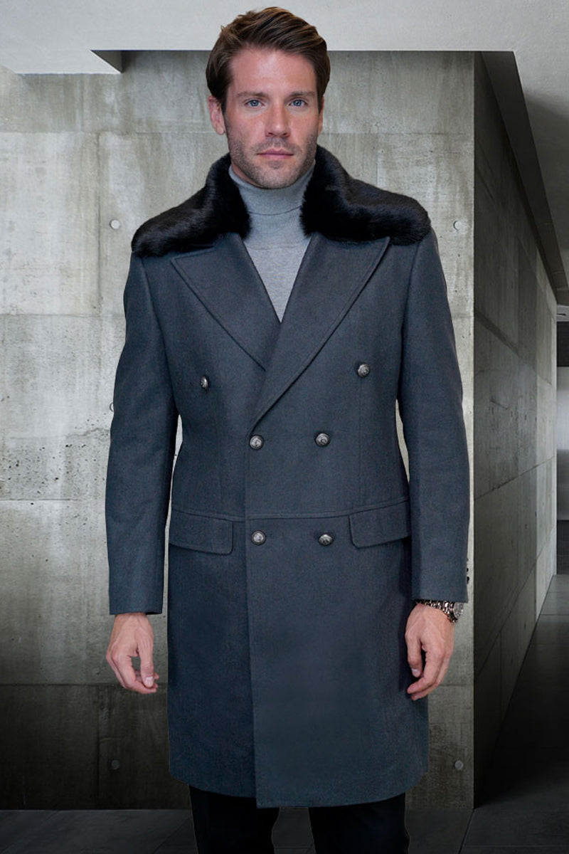 Men's Designer 100% Double Breasted Winter Overcoat with Removable Fur Collar in Charcoal