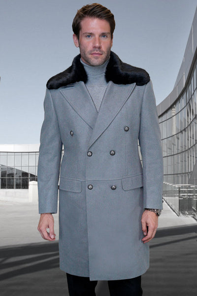 Men's Designer 100% Double Breasted Winter Overcoat with Removable Fur Collar in Grey