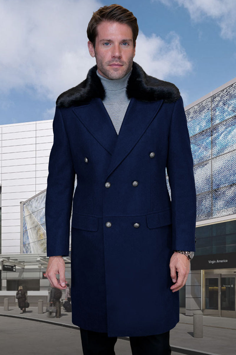 Men's Designer 100% Double Breasted Winter Overcoat with Removable Fur Collar in Navy Blue