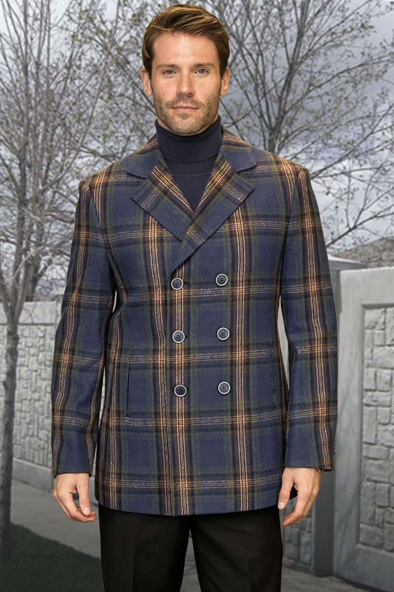 Men's Designer 100% Wool Winter Peacoat in Blue & Gold Plaid