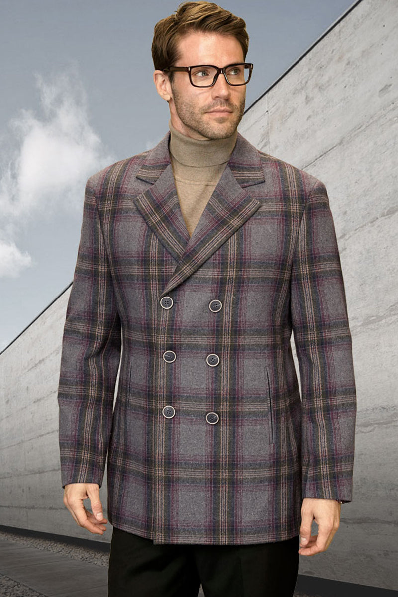 Men's Designer 100% Wool Winter Peacoat in Grey Plaid