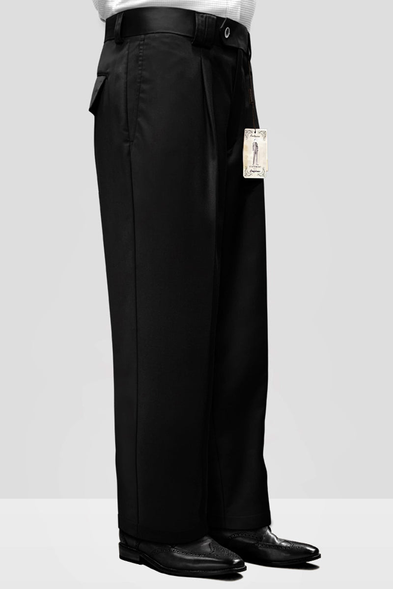 Men's Designer Wool Pleated Wide Leg Dress Pants in Black